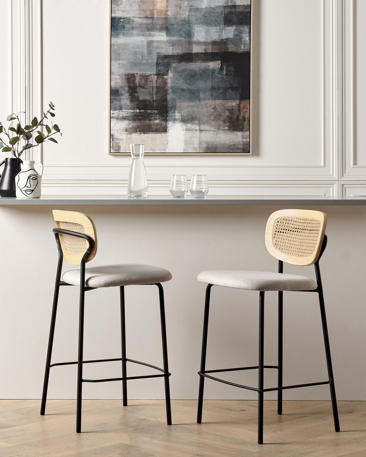 BARSTUHL 2er-Set Rattan/Metall hellbeige Mayetta - Beige/Schwarz, Textil (45/90/43cm) - Beliani