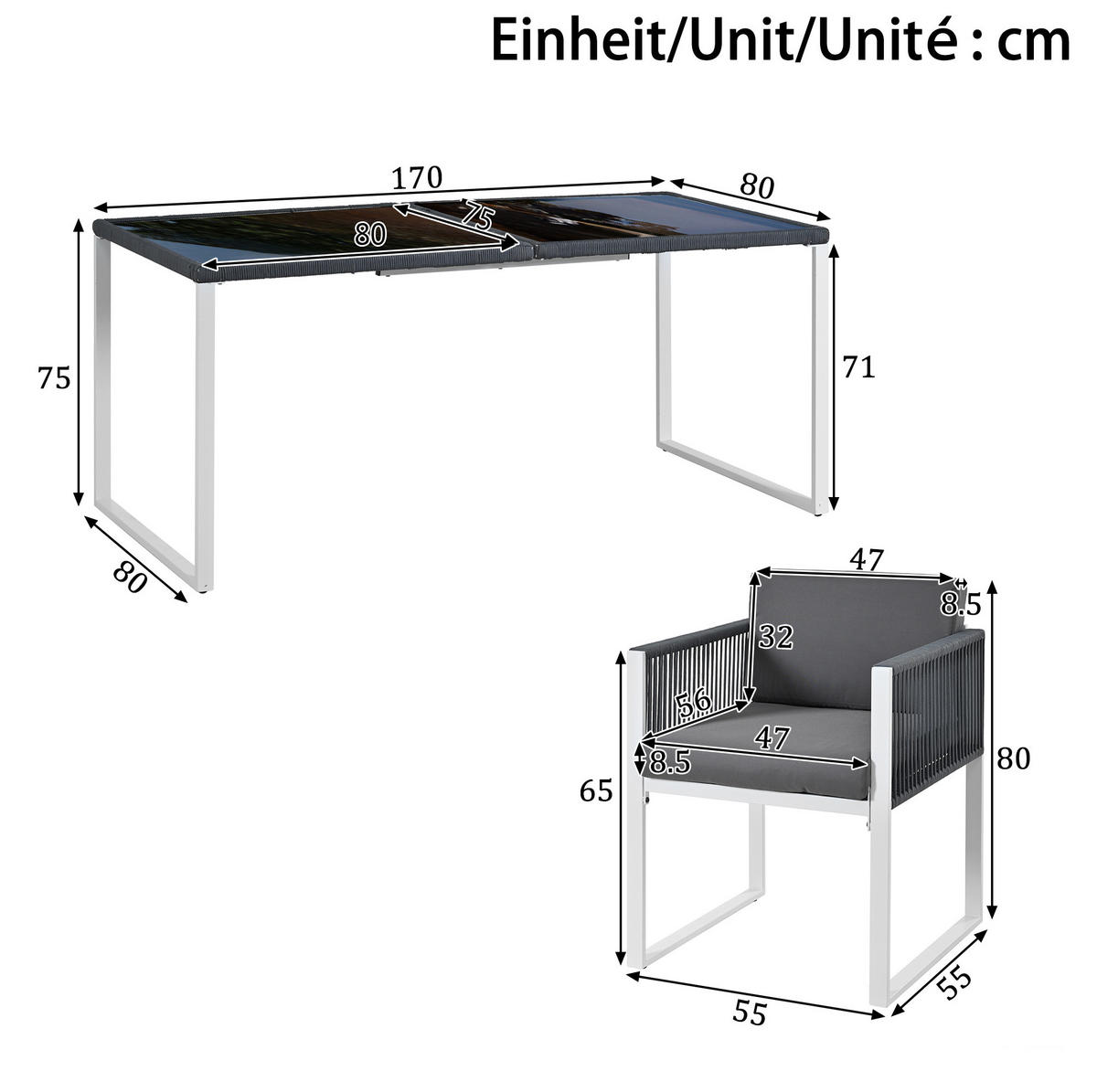 GARTEN-ESSGRUPPE 170/80/75 cm grau/weiß aus Eisen mit 6 Stühlen - Grau, Metall - OKWISH