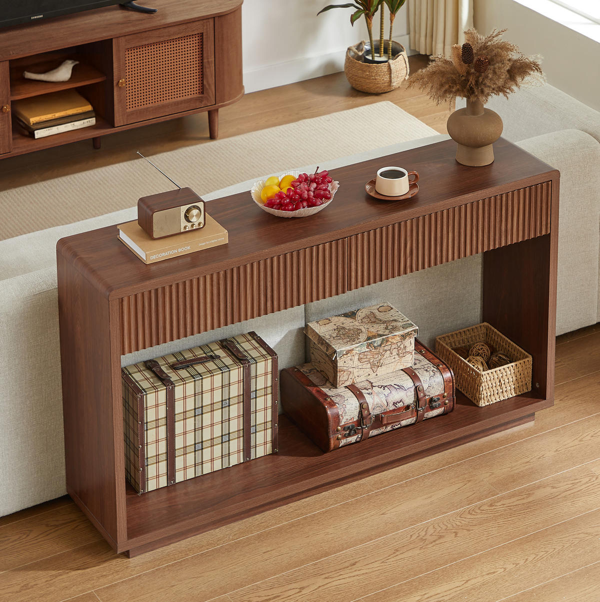 KONSOLENTISCH aus Spanplatte und MDF 150x35x85 cm Nussbaum mit 2 Schubladen und offenem Ablagefach - Walnussfarben, Holzwerkstoff (150/35/85cm) - IVMEU