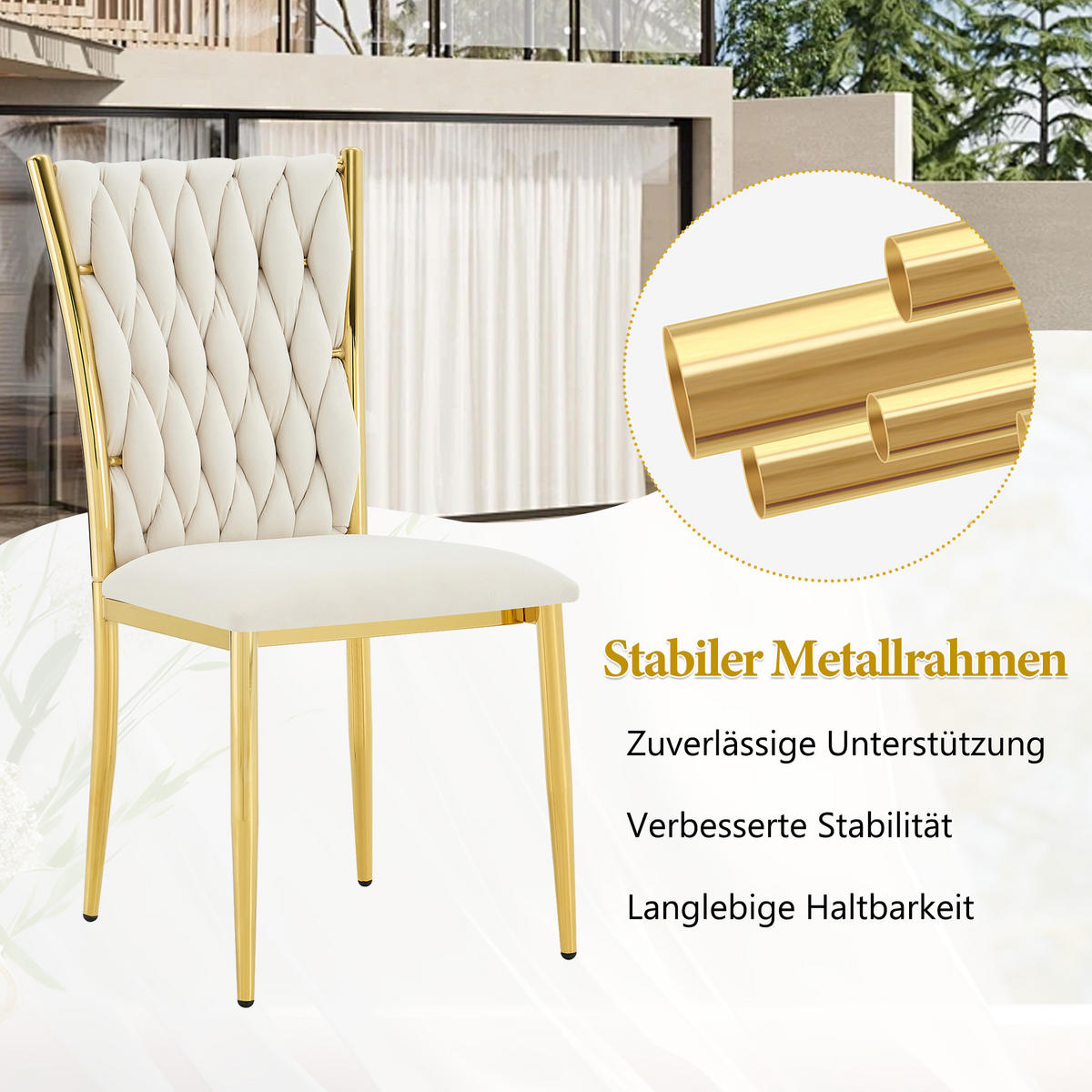 STUHL-SET DE-36807 4 Stück mit handgeflochtenem Muster Beige - Beige, Metall (45/94/58cm) - ComfortXL