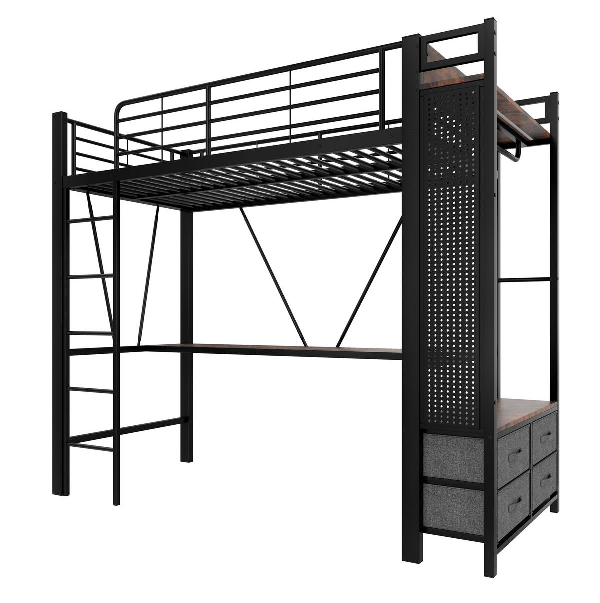 HOCHBETT 90/200 cm aus Metall mit Schreibtisch, LED, USB-C, 4 Schubladen und Regalen, Schwarz - Schwarz, Metall (90/200cm) - Redom