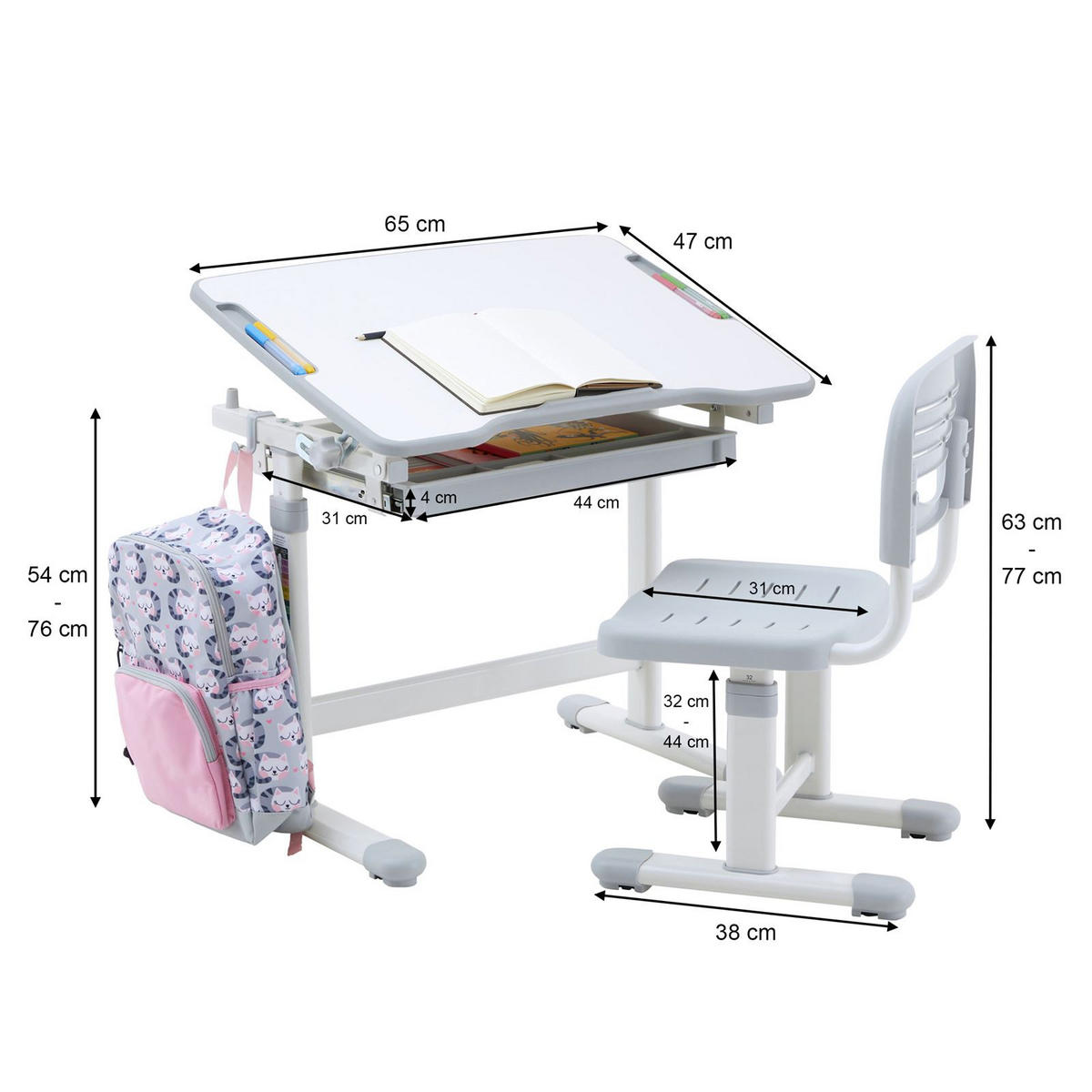 KINDERSCHREIBTISCHSET TUTTO WEISS/GRAU - Weiß/Grau, Holzwerkstoff/Metall (65/54/47cm) - CARO-Möbel