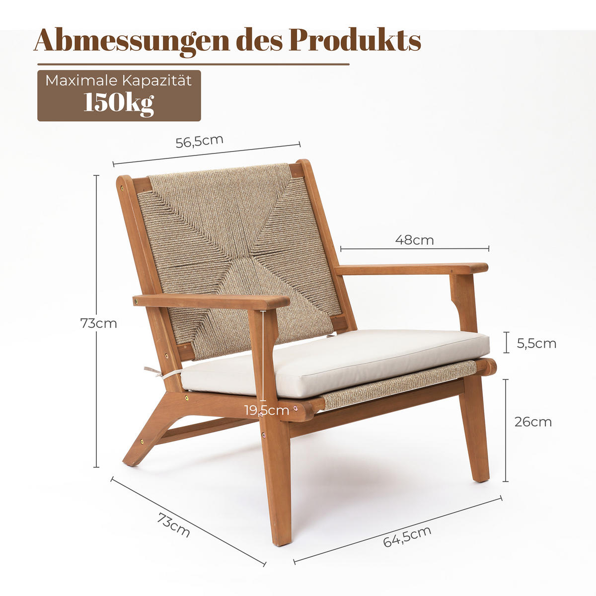 73CM Outdoor-Ess- und Terrassenstuhl aus Akazienholz mit Kissen - Ahornfarben, Holz (73/73/64.5cm) - Hometopia