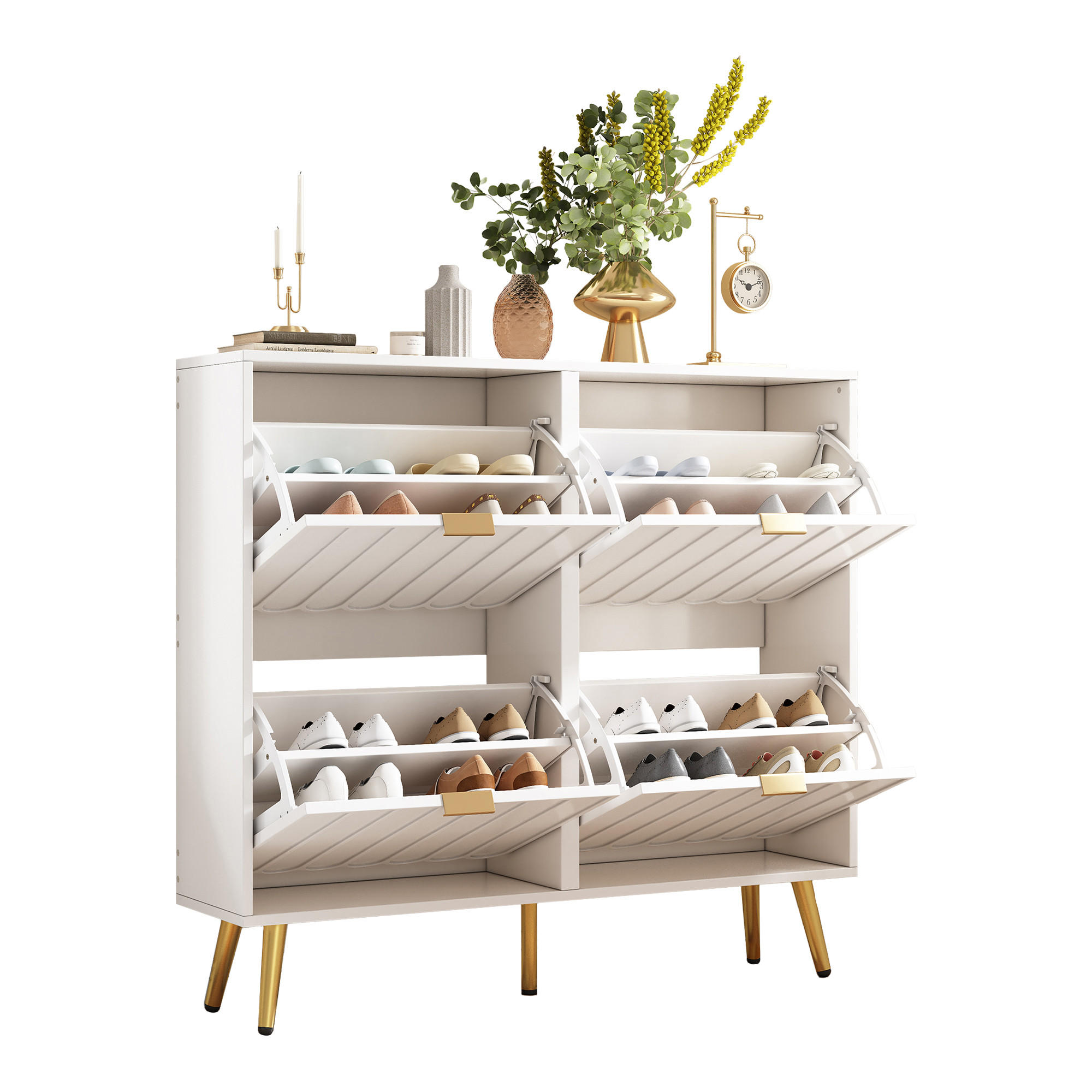 SCHUHSCHRANK Weiß 4 Klappen schmal Kippschutz 100x24x91cm - Weiß, Holzwerkstoff (24/91.25/100cm) - FLIEKS