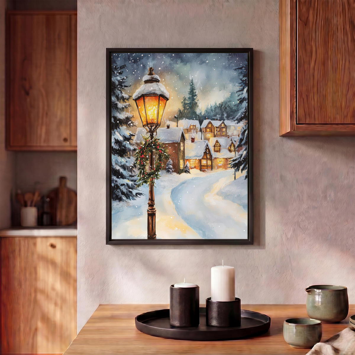 LEINWAND Bilder mit Rahmen - Weihnachtsdorf - Häuser - Schnee - Weihnachten - 30x40 - Sandfarben, Textil (30/40cm) - MuchoWow
