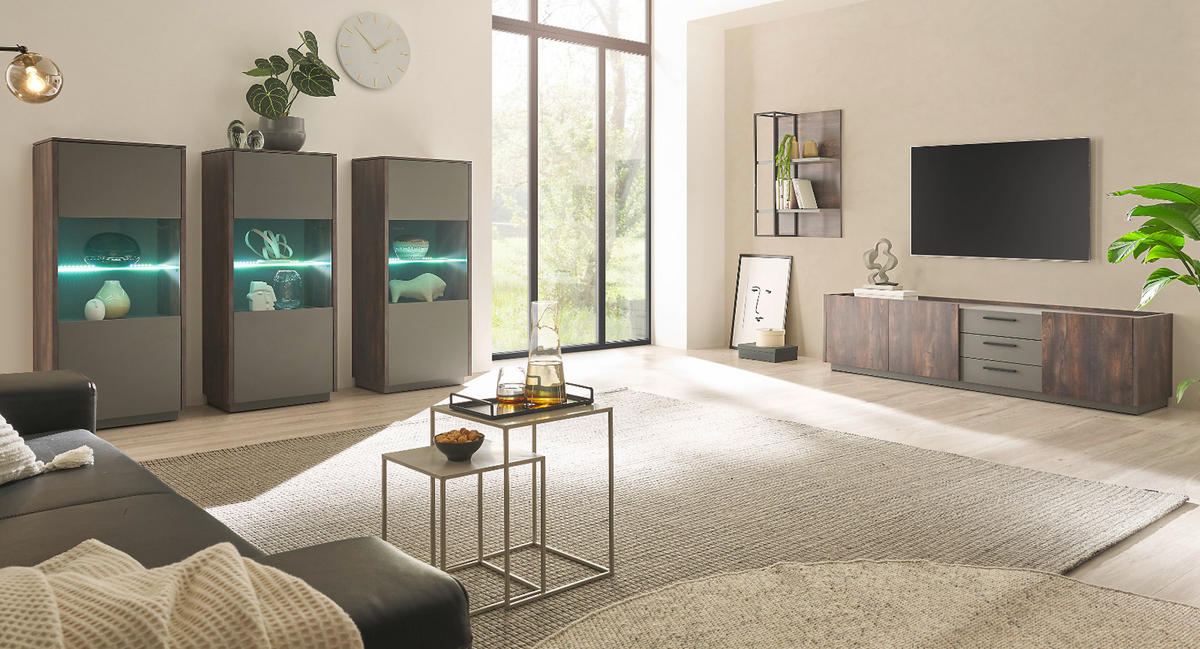 WOHNWAND Thermo Eiche, grau, Wohnkombination 3-teilig mit Soft-Close 300 x 200 cm - Eichefarben/Grau, Holzwerkstoff/Metall (300/200/45cm) - Furn.Design