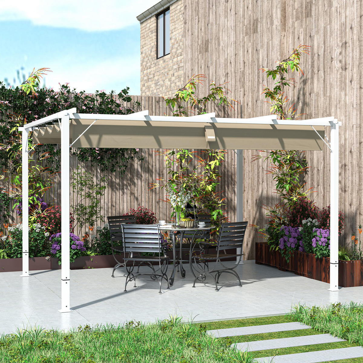 PERGOLA DE-12643 382/300/232 cm ausziehbar UPF30+ mit Magnet Weiß - Weiß, Metall (300/232/382cm) - ComfortXL