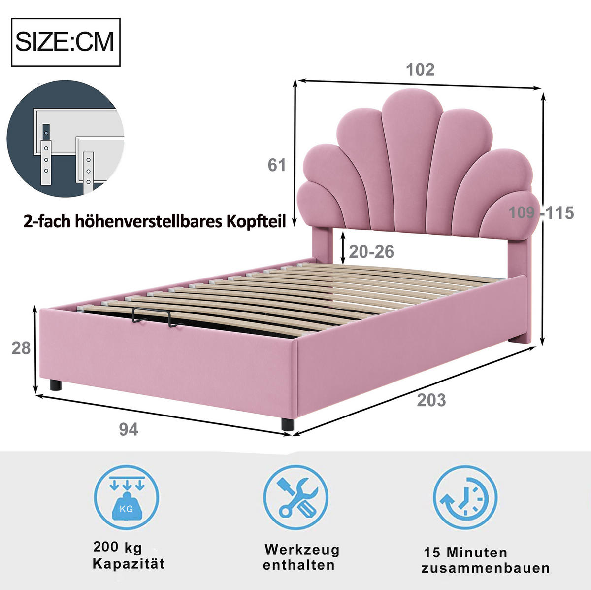 KINDERBETT 90/200 cm in Rosa aus Samt mit Stauraum und floralem Kopfteil - Rosa, Textil (90/200cm) - Flora Grace