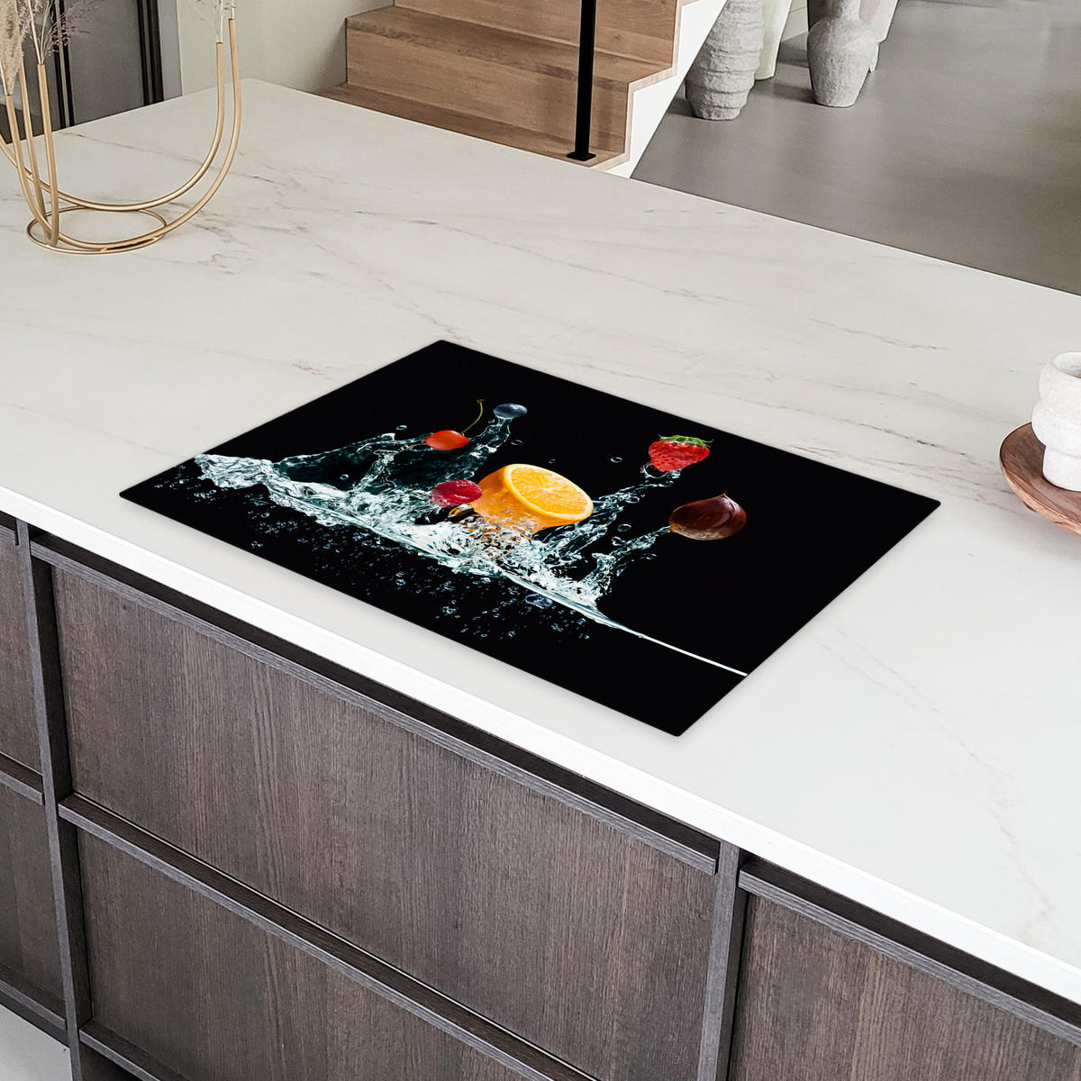 HERDABDECKPLATTE Wasser - Obst - Orange - Erdbeere - Kirsche - Schwarz 77x51 cm - Orange, Kunststoff (77/51/0.2cm) - MuchoWow