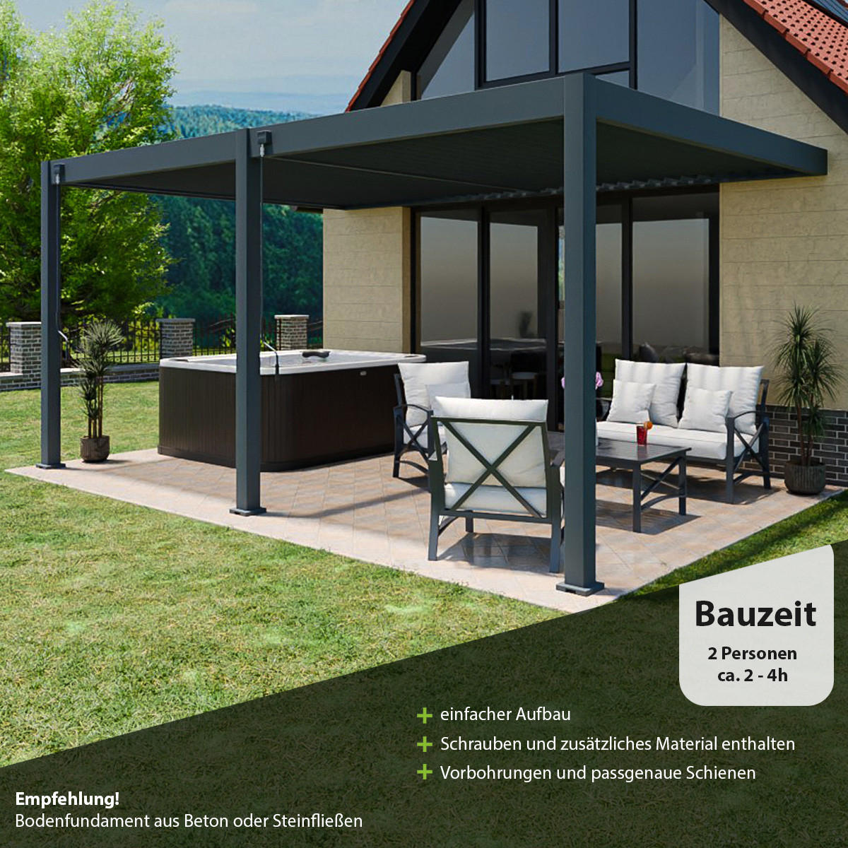 PERGOLA Deluxe Wand Pavillon Terrassenüberdachung Aluminium 3,6 x 5,3 m anthrazit - Schwarz, Metall (360/255/530cm) - WEIDE