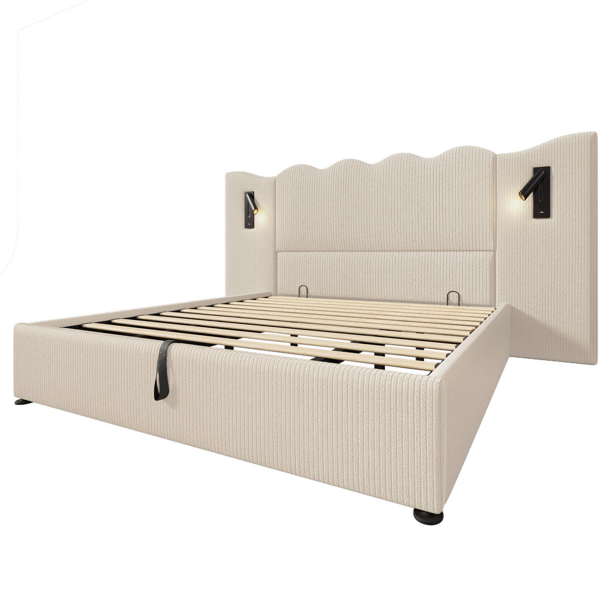 POLSTERBETT 180/200 cm mit Leselampe, USB- und Type-C-Anschlüssen, hydraulischem Bettkasten aus Cordstoff, Beige-Weiß - Weiß, Textil (180/200cm) - Redom