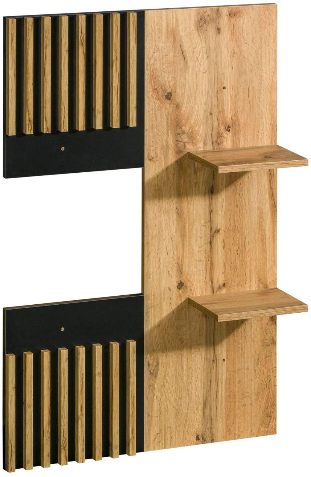 WANDPANEEL Lamelo Wotan eiche, mit Holz Regale - Schwarz/Braun, Holzwerkstoff (74/107/16cm) - Bettso