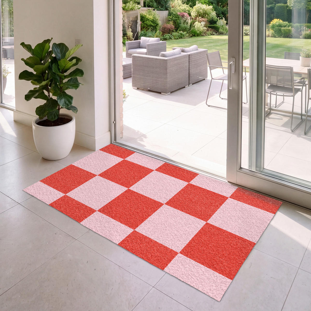 FUSSMATTE Schachbrettmuster - Rot - Rosa - Würfel Türmatte 150x90 cm - Rot, Kunststoff (150/90cm) - MuchoWow