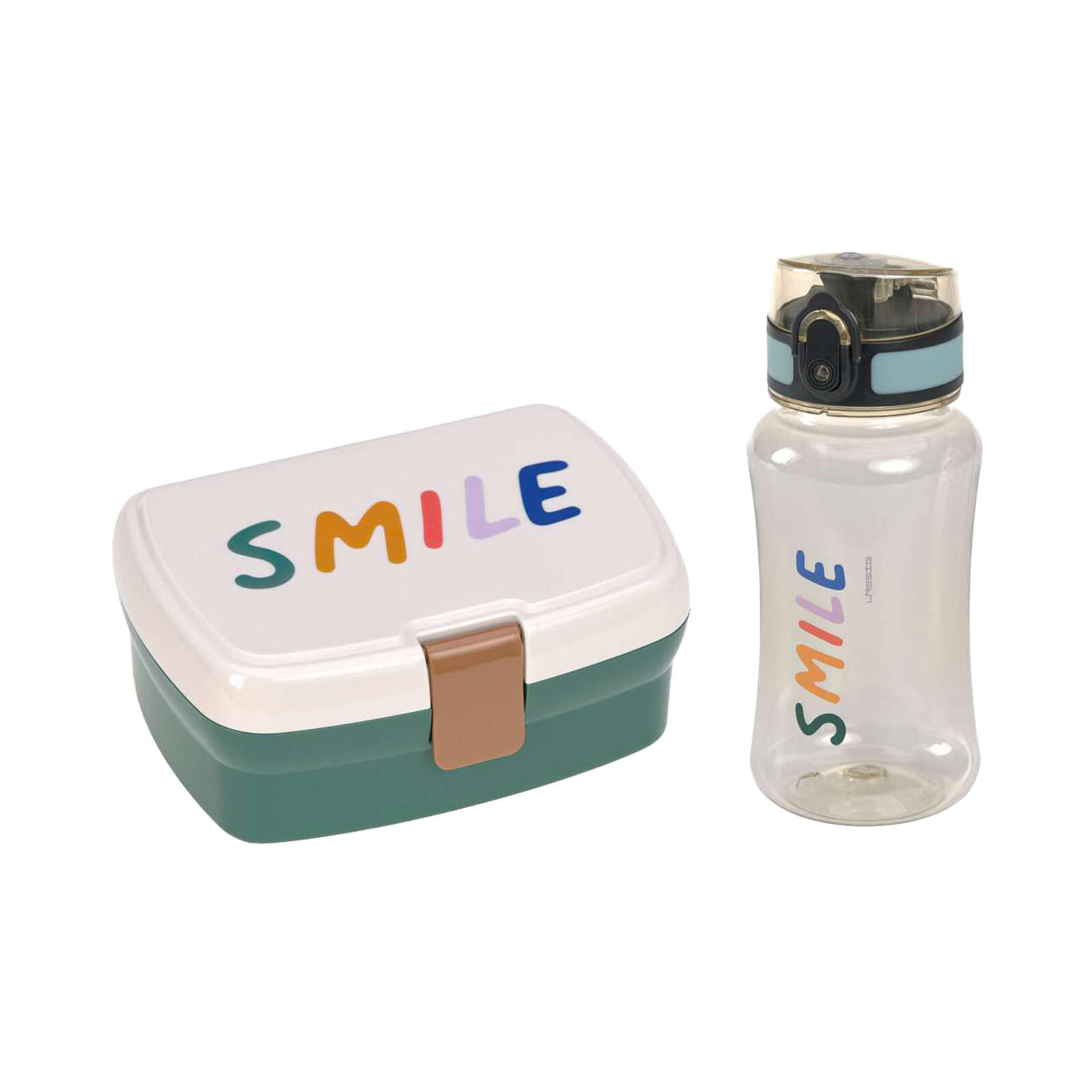 LUNCHSET BROTDOSE & TRINKFLASCHE Little Gang Smile Milky - Beige/Grün, Kunststoff (7.5/22/20cm) - Lässig