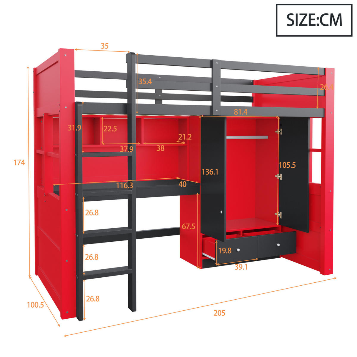 HOCHBETT 90x200 cm in Schwarz-Rot mit Schreibtisch, Kleiderschrank und LED-Beleuchtung - Schwarz, Holz (90/200cm) - IVMEU