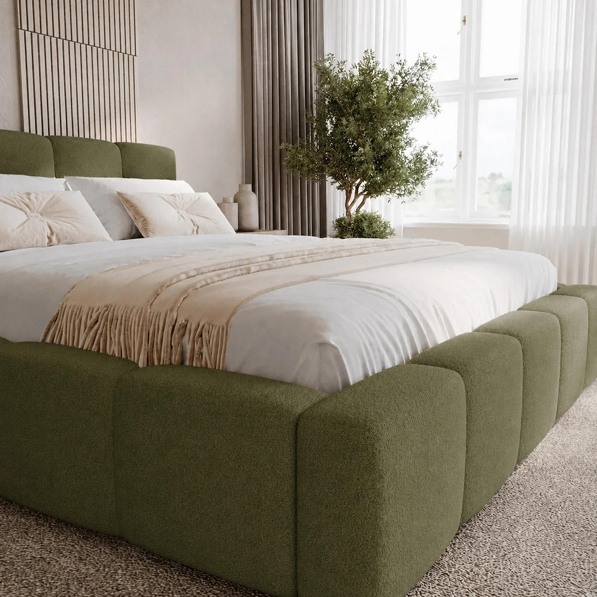 POLSTERBETT Palermo 140x200 cm mit Stauraum und elegantem Kopfteil - Holzrahmen, Velo Olivgrün - Olivgrün, Holz/Textil (140/200cm) - Chilly