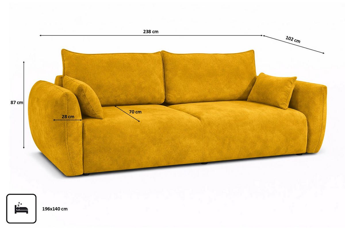 SOFA Mit Schlaffunktion Und Bettkasten, Veloursstoff Salvador, Gelb, Zephira - Gelb, Holz (238/87/102cm) - Kaiser Möbel