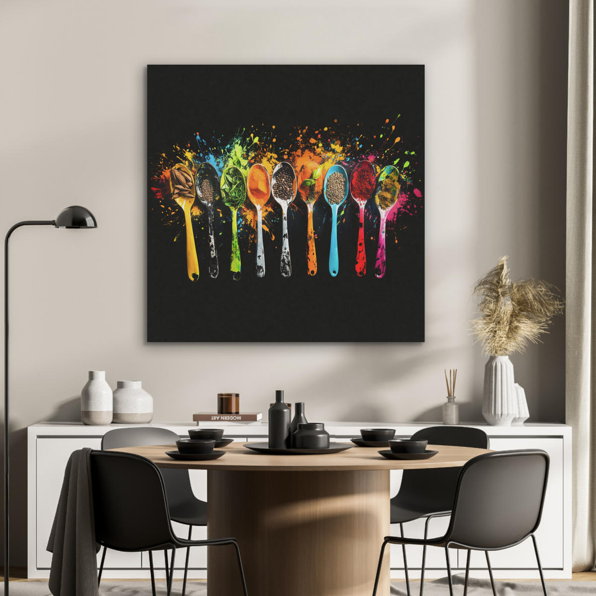 AKUSTIKBILD Löffel - Gewürze - Modern - Graffiti - Farbe - Farbenfroh Akustikpaneele 90x90 cm - Multicolor, Textil (90/90/0.9cm) - MuchoWow