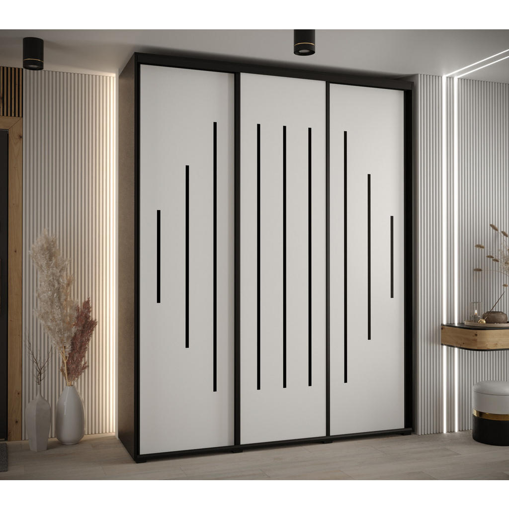 Thumbnail - Abiks Möbel Schwebetürenschrank, Schwarz, Weiß, Schwarz, Metall, Nachbildung, 10 Fächer, 200x235x60 cm, Schlafzimmer, Kl...