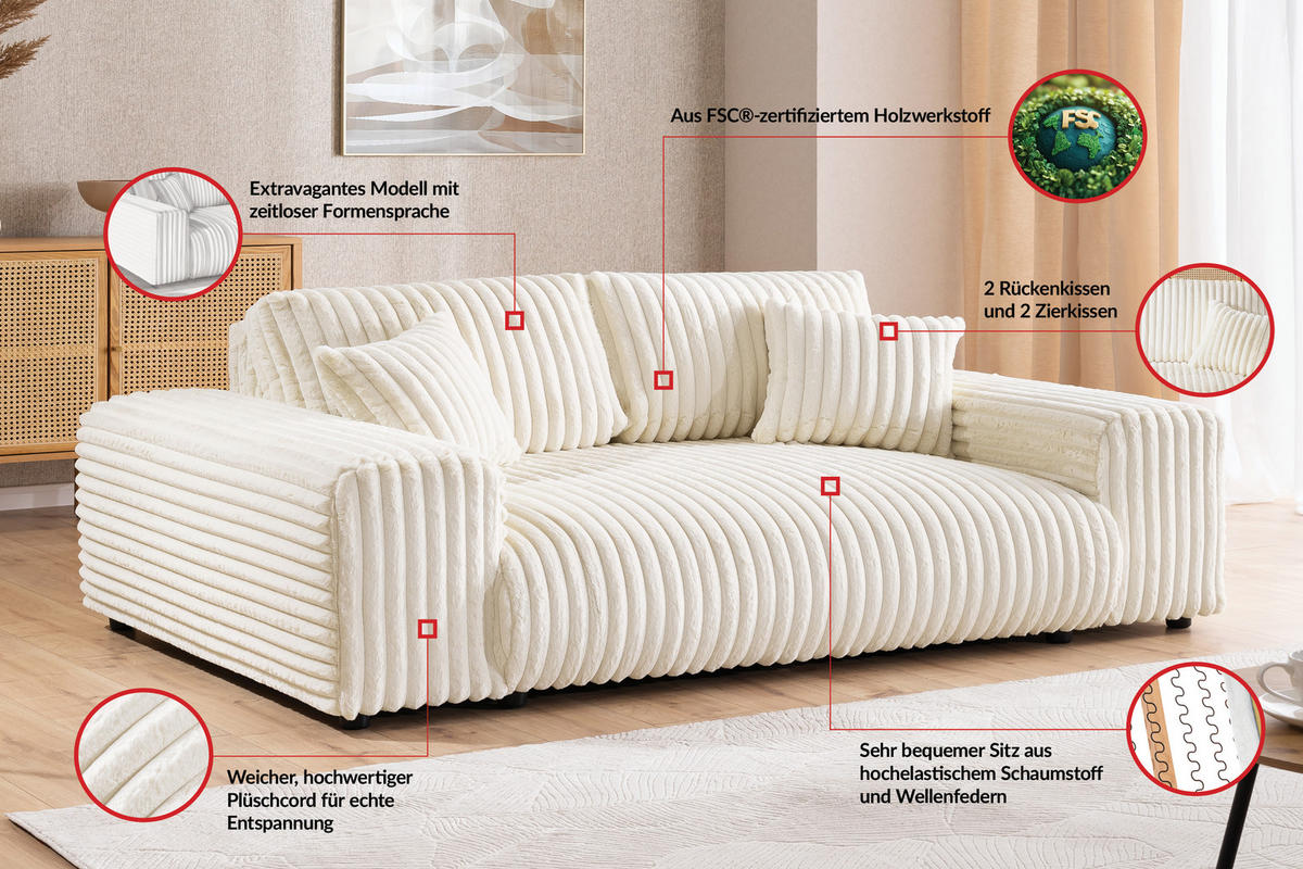 3-SITZER-SOFA Mollis Hellbeige Plüschcord - Beige/Schwarz, Holz/Kunststoff (213/79/108cm) - S-Style Möbel