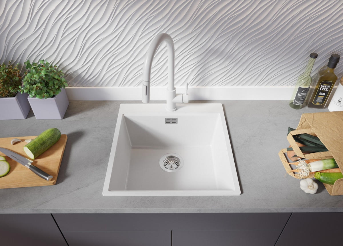 GRANITSPÜLE Oslo, 2-er set Alles Weiß 48/50 cm 1 Becken + Küchenarmatur 40/20 cm + Ablauf-Set + Schneidebrett ab 50er Unterschrank - Beige/Weiß, Kunststoff (48/20/50cm) - Primagran