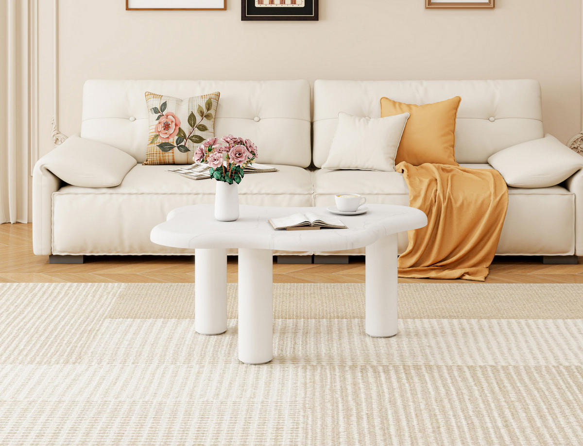 COUCHTISCH aus Spanplatte in Weiß & Marmoroptik mit abgerundeten Kanten - Weiß, Holzwerkstoff (90/62.5/40cm) - Modfu