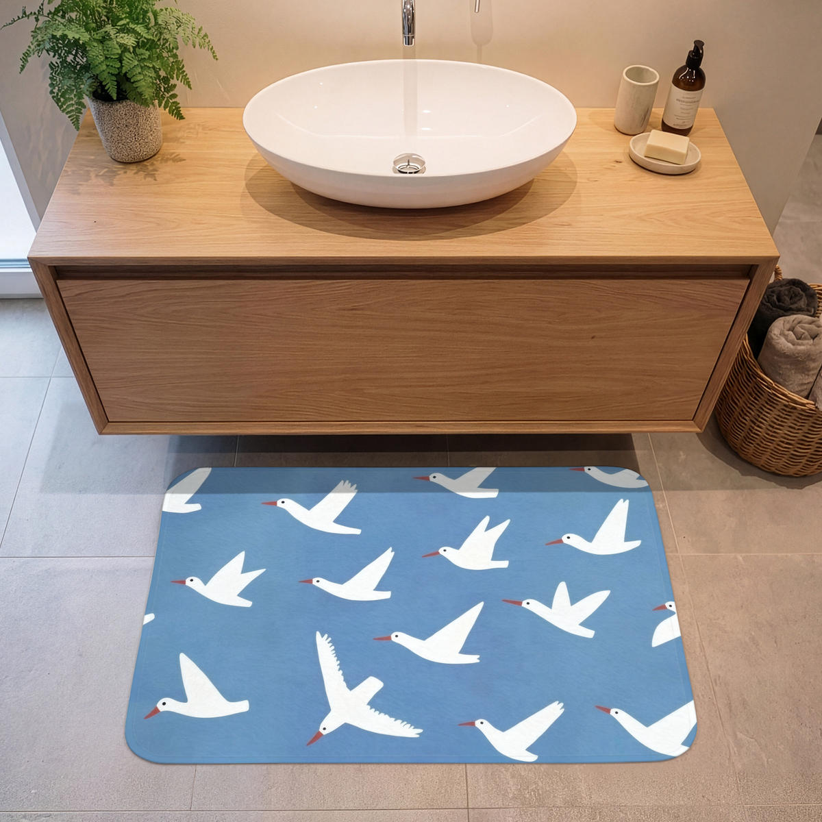 BADEMATTE Vögel - Weiß - Muster 90x60 cm - Blau, Kunststoff/Textil (90/60cm)