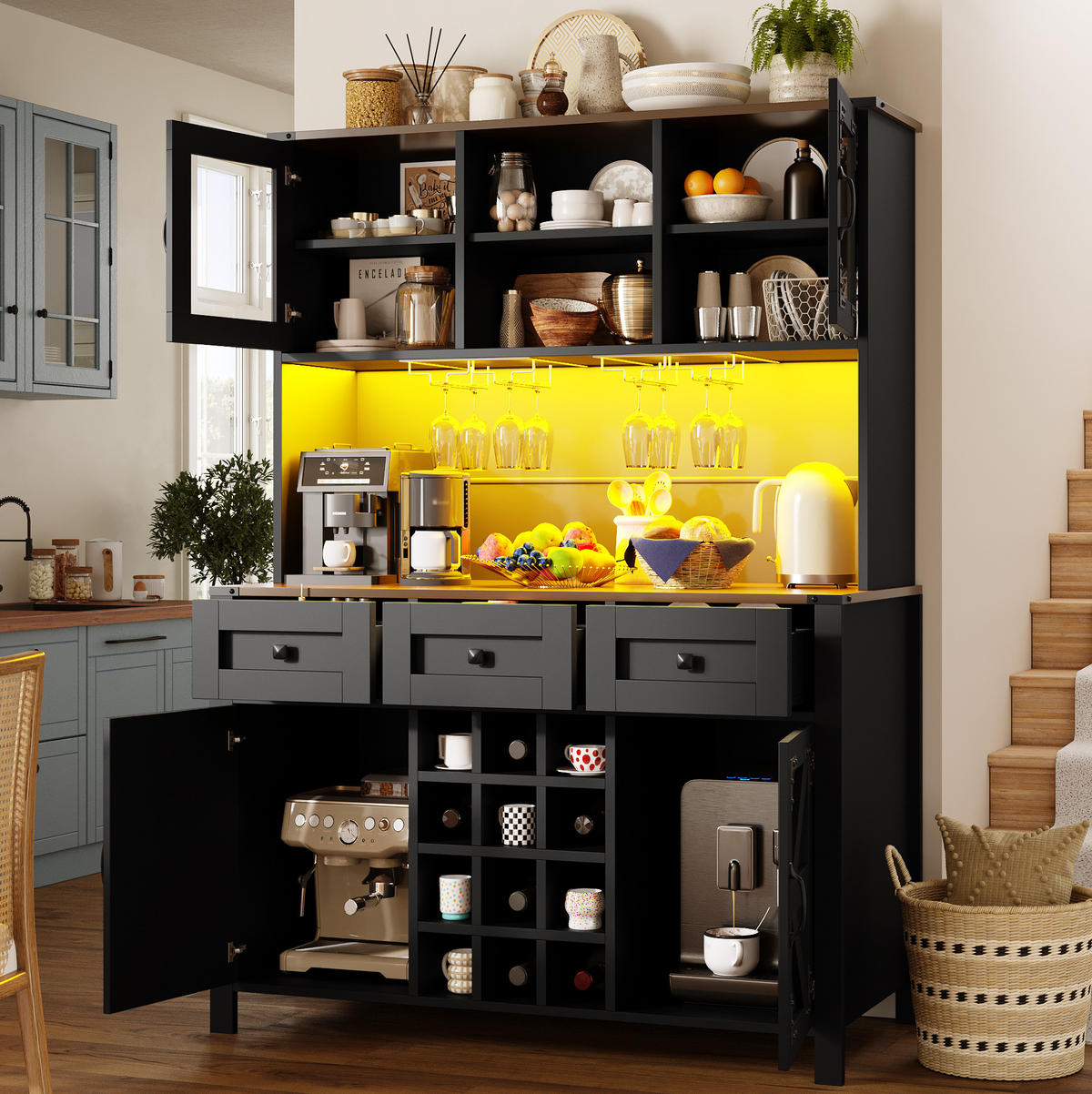 BUFFETSCHRANK 120/40/170 cm mit LED-Beleuchtung, Steckdosenleiste, USB und Weinregal aus MDF und Glas, Schwarz - Schwarz, Holzwerkstoff (120/170/40cm) - Redom
