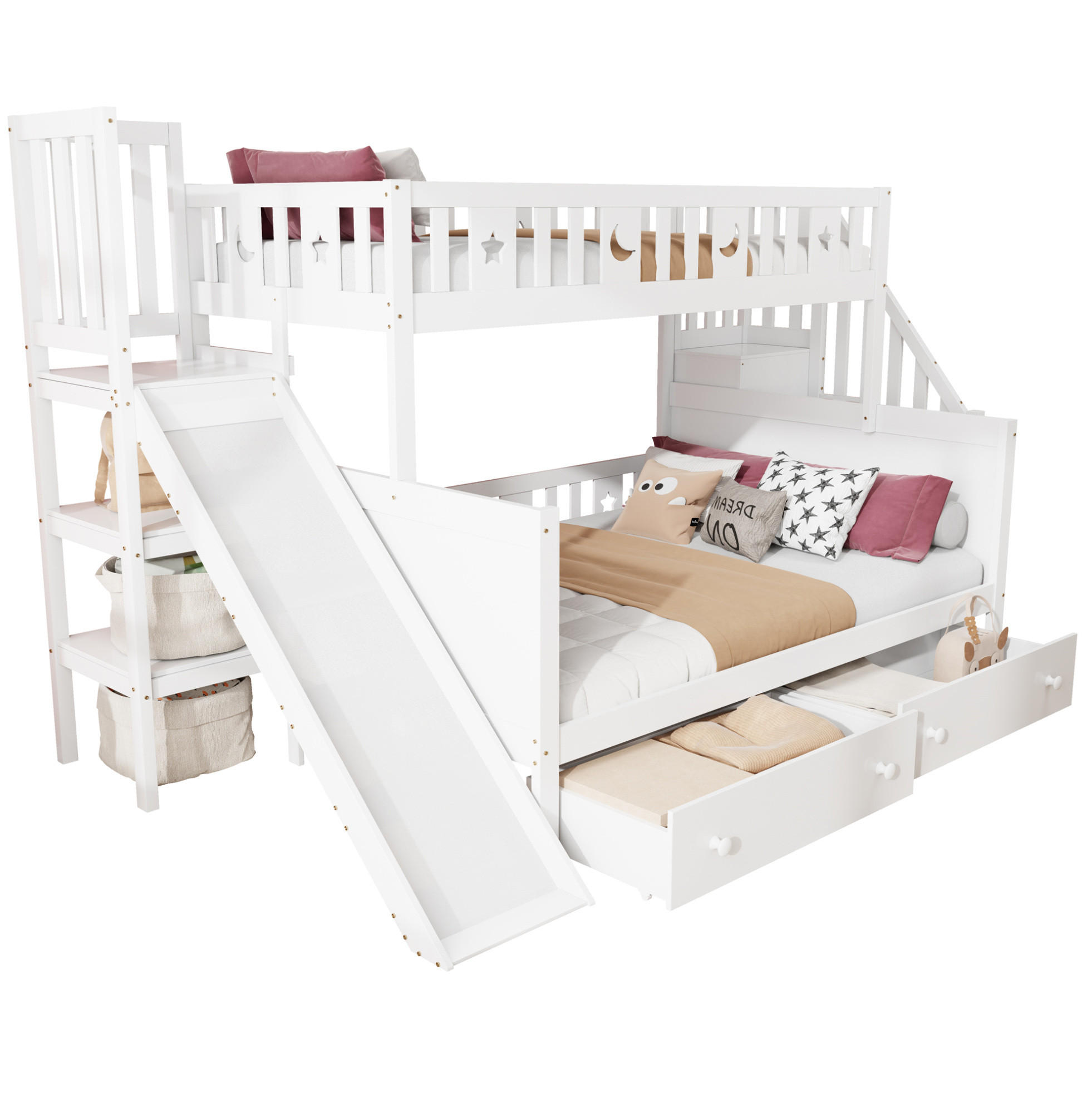 ETAGENBETT Kinderbett 90/200 & 140/200 cm aus Massivholz mit Rutsche, Leiterregal und 2 Schubladen Weiß - Weiß, Holz (90/140cm) - Modenvie