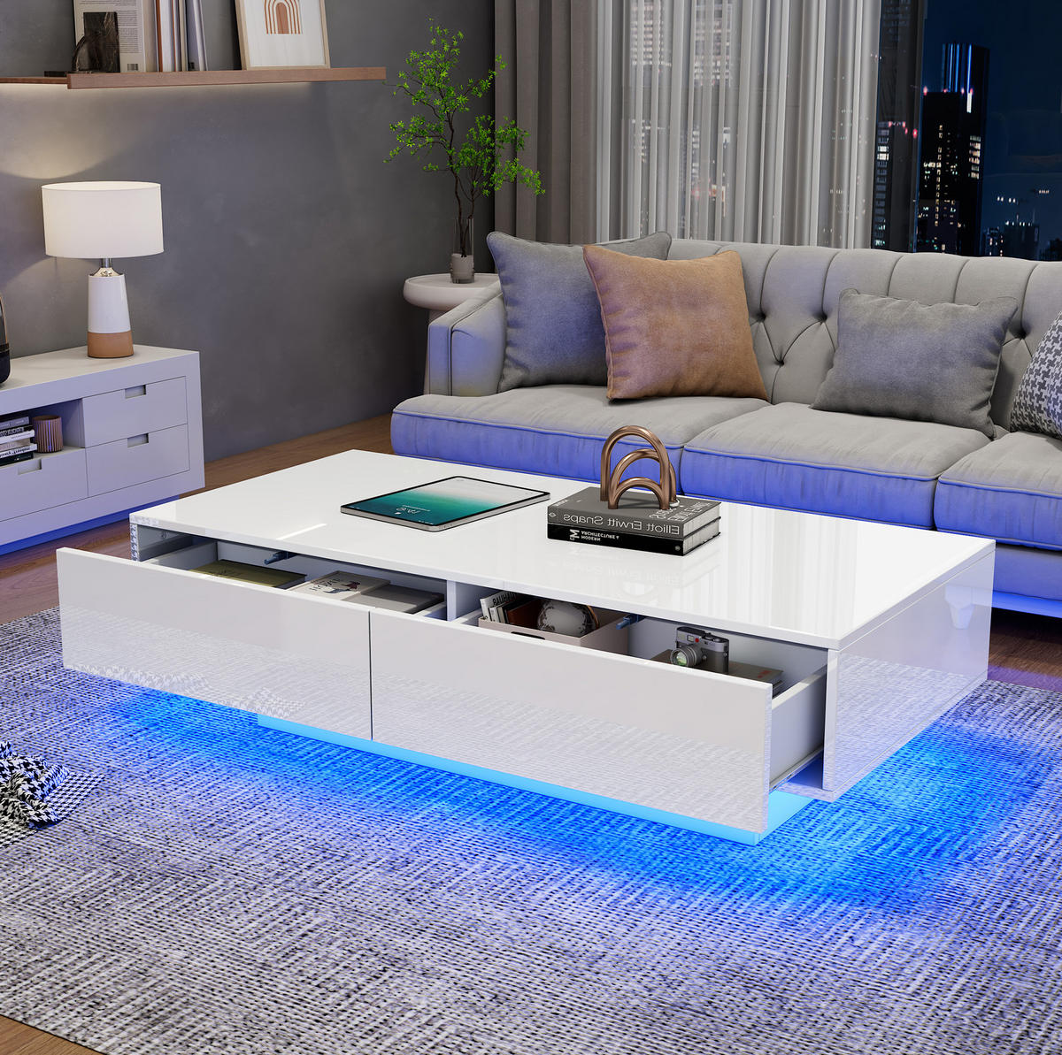 COUCHTISCH mit 2 Schubladen 115 x 55 x 34 cm Hochglanz Weiß mit LED - Weiß, Holzwerkstoff (115/55/34cm) - Meubliv