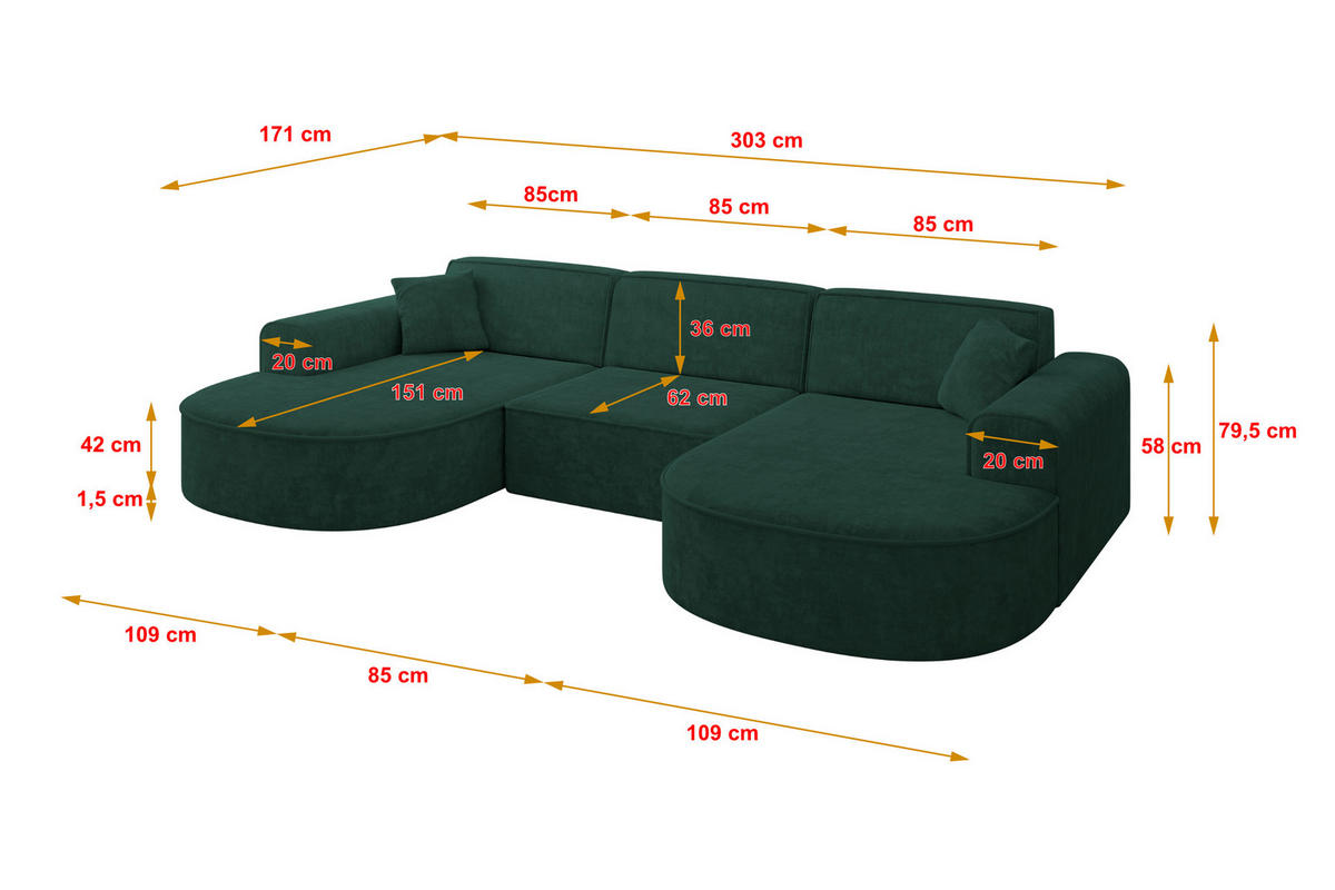 WOHNLANDSCHAFT MARI-U1 - 303x171x79 cm Grün Velours - Schwarz/Grün, Holzwerkstoff/Kunststoff (303/79/171cm) - ALTDECOR