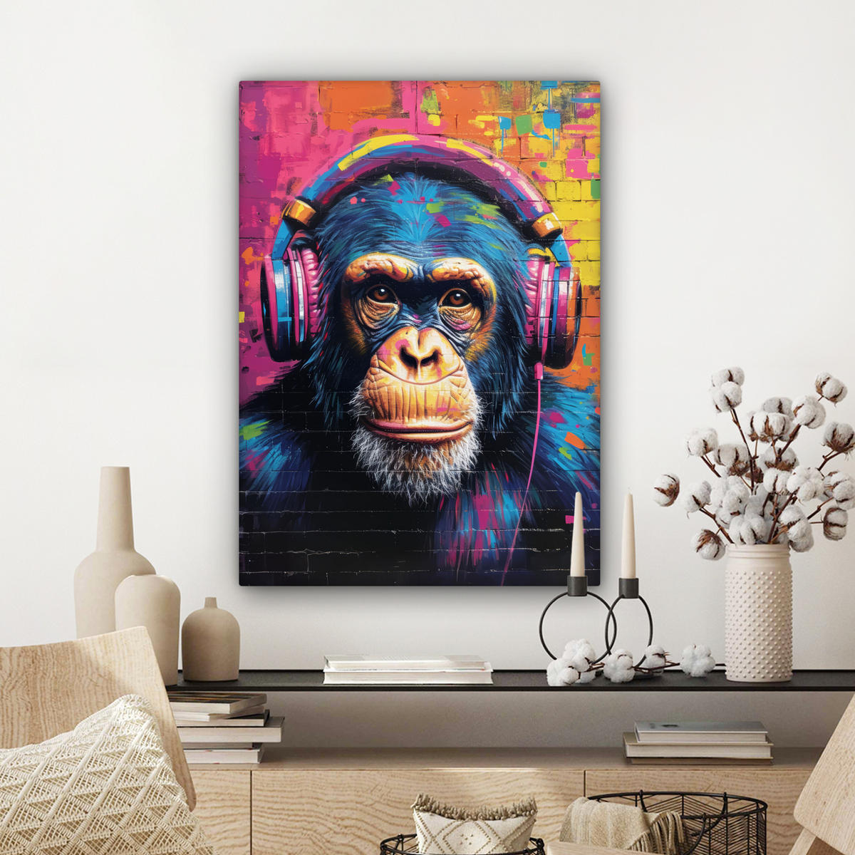 LEINWANDBILD Graffiti - Schimpanse - Straßenkunst - Kopfhörer - Affe Wandbild Wohnzimmer 60x80 cm - Blau, Textil (60/80cm) - MuchoWow