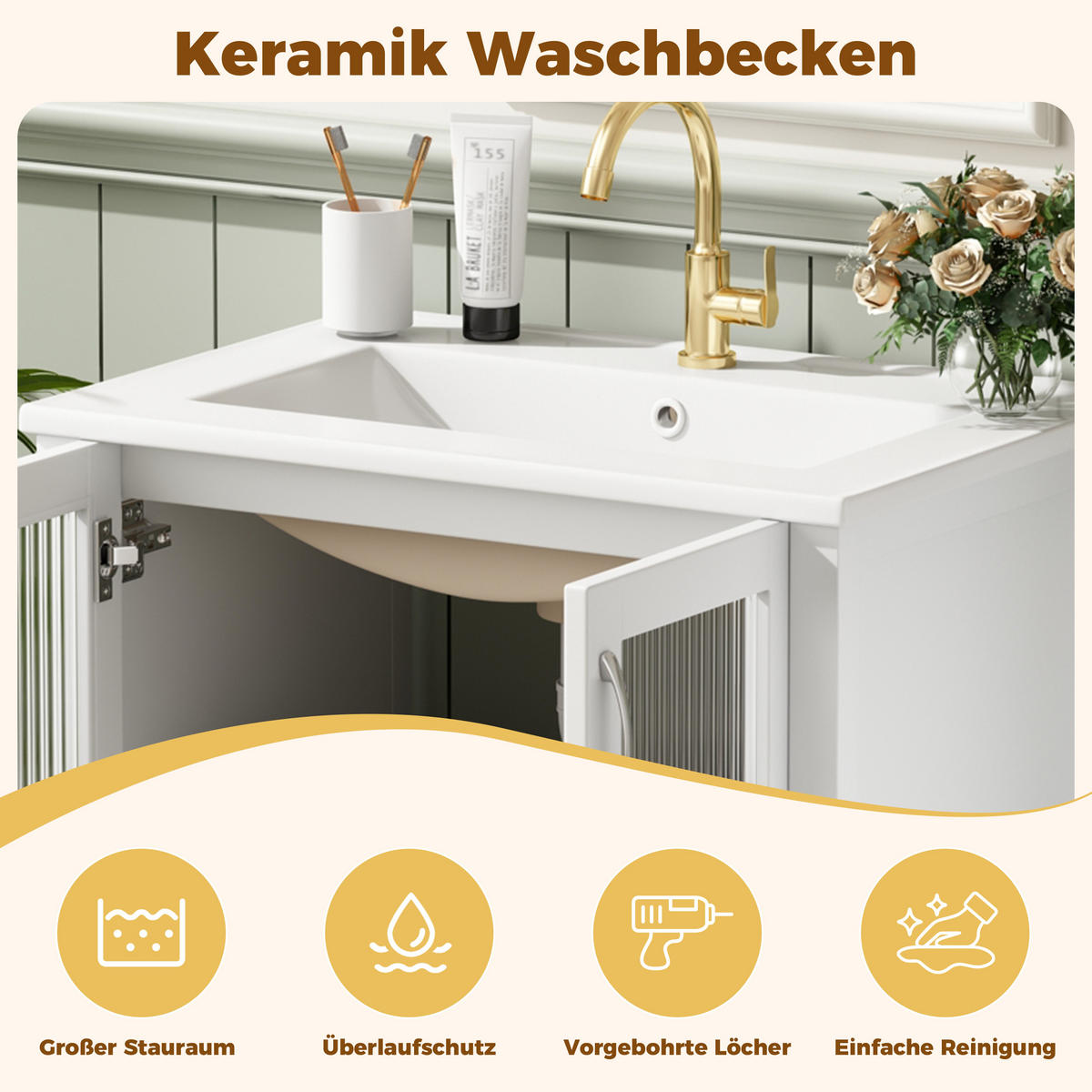 BADEZIMMERSCHRANK Hochglanz Weiß Keramik Waschbecken Glas Türen 61cm - Weiß, Keramik (61/86/47cm) - FLIEKS