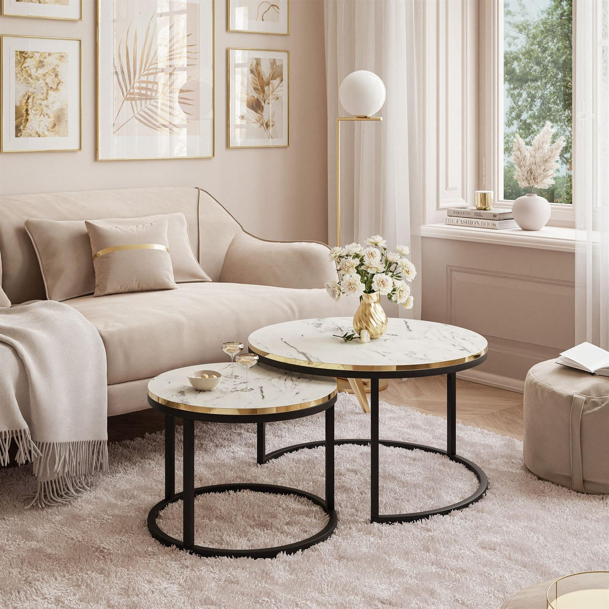 COUCHTISCH Set SOLEIL 2in1, rund, Weiß Marmor-Optik und Schwarz Gestell - Weiß, Holzwerkstoff (70/70/48cm) - Lookway