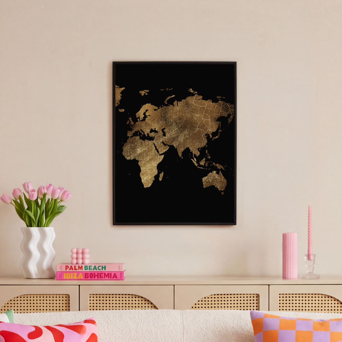 LEINWAND Bilder mit Rahmen - Weltkarte - Gold - Luxus - Erde - Schwarz - 50x70 - Goldfarben, Textil (50/70cm) - MuchoWow