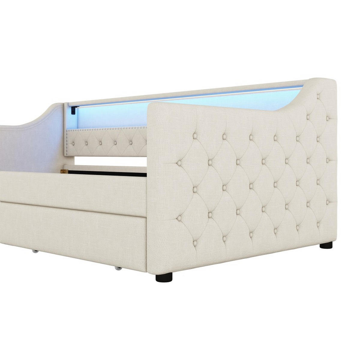 POLSTERBETT 90 x 200cm in Beige Linen mit zwei Schubladen - Beige, Holz/Textil (90/200cm) - KOMHTOM
