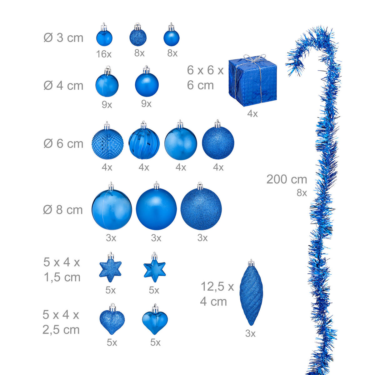 WEIHNACHTSKUGELN-SET 110-tlg. - Blau, Kunststoff (8/9/8cm) - Relaxdays