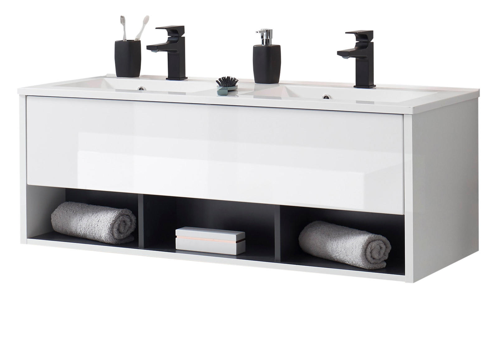 WASCHBECKENUNTERSCHRANK MIT Doppelwaschbecken in weiß Hochglanz und grau 120 cm Glide - Weiß Hochglanz/Grau, Holzwerkstoff/Metall (120/44/47cm) - Furn.Design