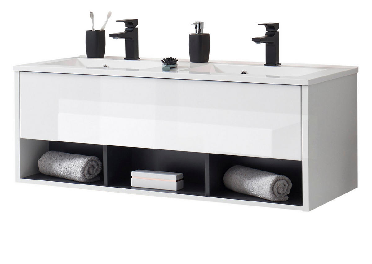 WASCHBECKENUNTERSCHRANK MIT Doppelwaschbecken in weiß Hochglanz und grau 120 cm Glide - Weiß Hochglanz/Grau, Holzwerkstoff/Metall (120/44/47cm) - Furn.Design
