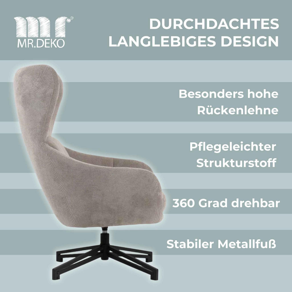 OHRENSESSEL Marconia - Hellgrau/Schwarz, Textil/Metall (75/109/80cm) - Mr. Deko