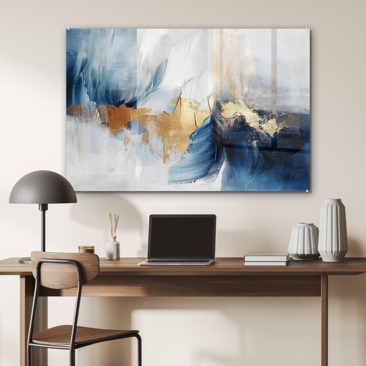 ACRYLGLASBILD Gold - Blau - Aquarell - Kunst - Modern 90x60 cm - Hellblau, Glas (90/60cm) - MuchoWow