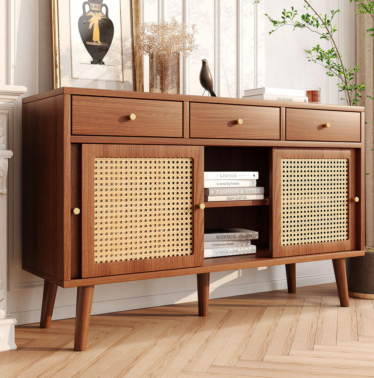 SIDEBOARD 120/40/78 cm in Walnuss mit 3 Schubladen, 3 Schiebetüren und Rattangeflecht - Eichefarben, Holzwerkstoff (120/78/40cm) - Flora Grace