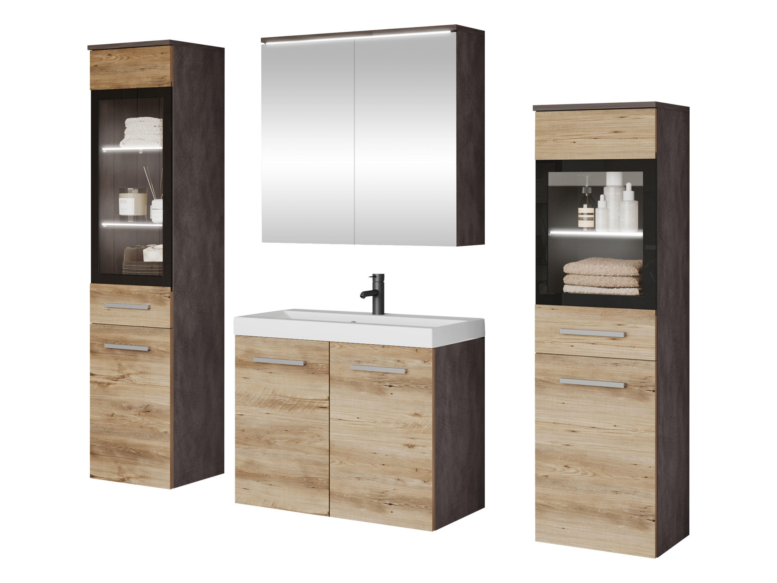 BADMÖBEL-SET Madrit II mit weißer LED Beleuchtung - Eichefarben/Silberfarben, Holzwerkstoff/Kunststoff (132/132/30cm) - MIRJAN24