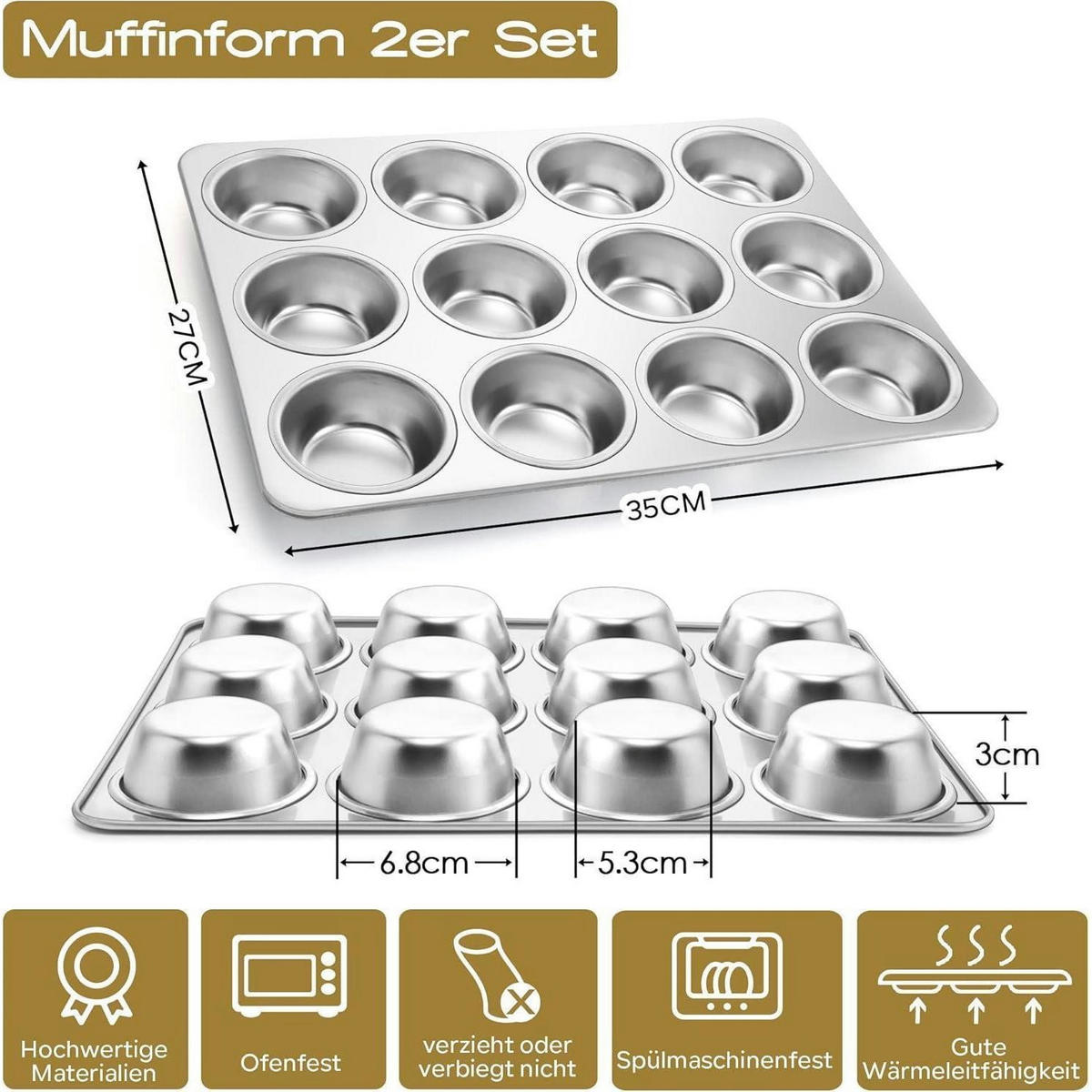 MUFFINBACKFORM 2er Set Edelstahl 12 Mulden 35 x 27 cm - Silberfarben, Metall (27/3/35cm)