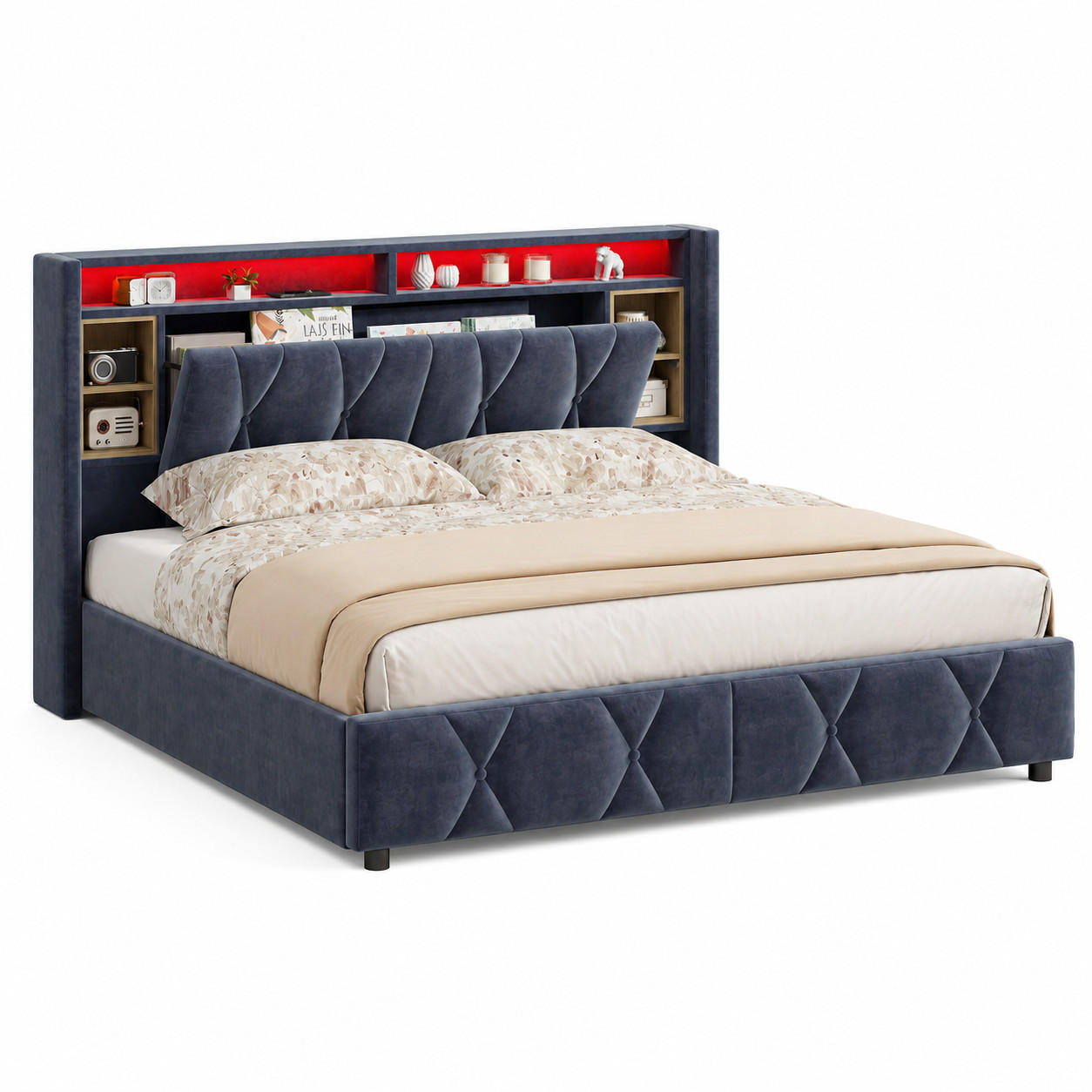 POLSTERBETT 140/200 cm mit Stauraum‑Kopfteil, LED‑Beleuchtung & USB‑Anschluss, Samtbett mit integrierter Ablage - Grau, Holz/Metall (140/200cm) - Joyfair