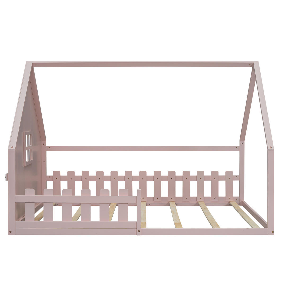 FLACHBETT 140x200cm Rosa Kiefer Kinderbett Hausleiste Geländer - Pink, Holz (140/200cm) - FLIEKS