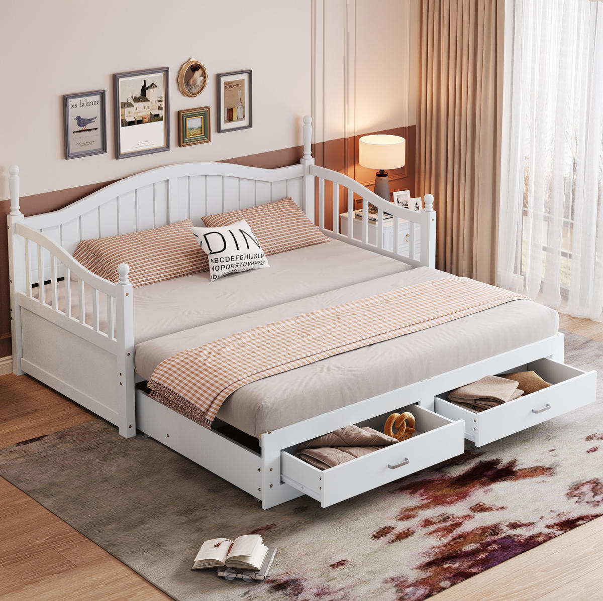 BETT Ausziehbares Schlafsofa 90/190 cm Weiß aus Massivholz mit Schubladen und Lattenrost - Weiß, Holzwerkstoff (90/190cm) - OKWISH