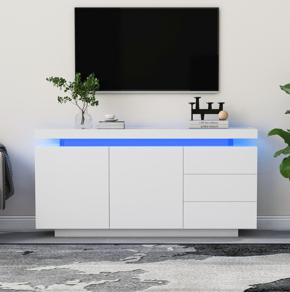 KOMODA z dřevotřísky 140x35x72,5 cm bílá s LED osvětlením, 2 dvířky, 3 zásuvkami a vysokým leskem - bílá, kompozitní dřevo (140/72/38cm) - Modfu