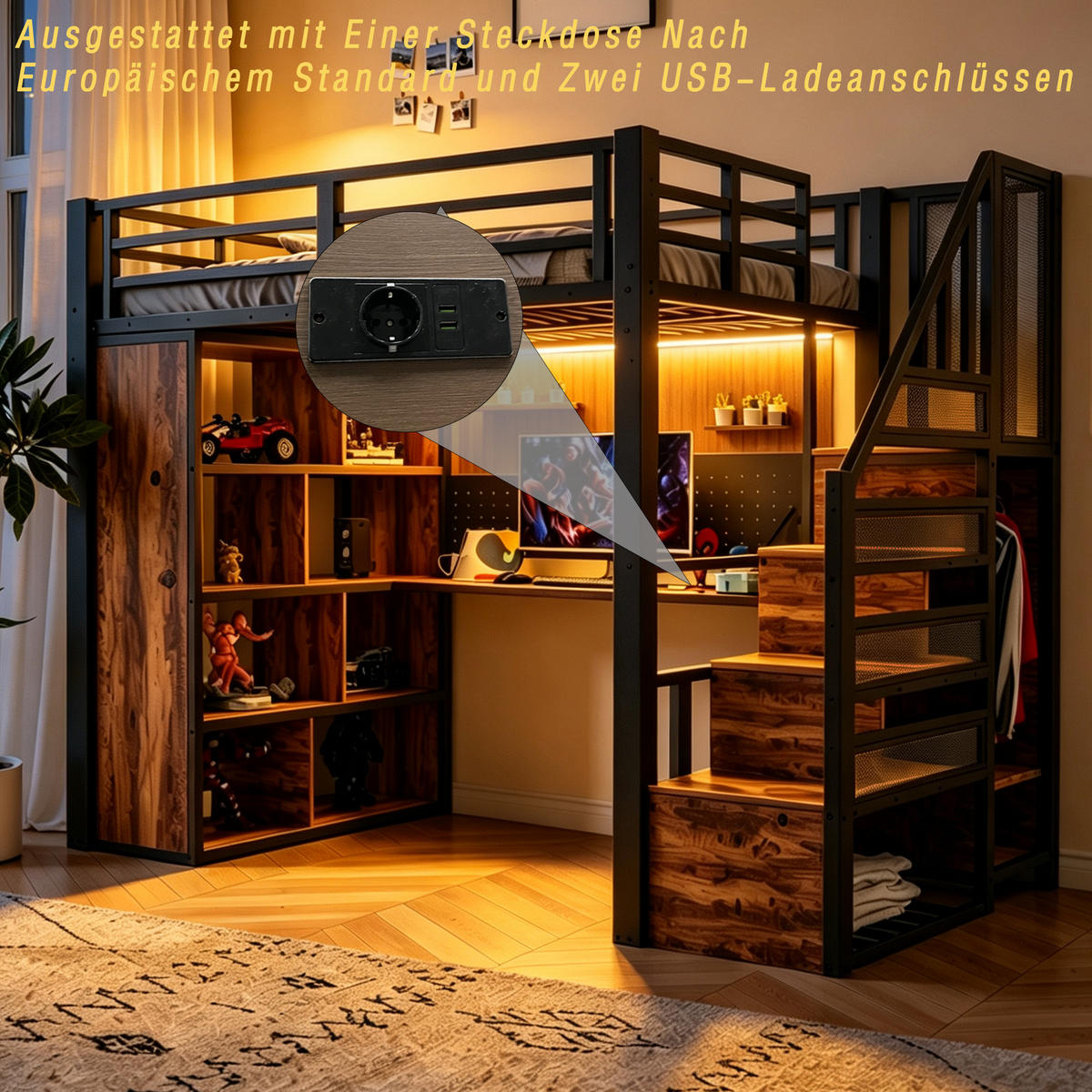 HOCHBETT 90x200cm mit Schreibtisch Schrank LED Schwarz - Schwarz, Metall (90/200cm) - FLIEKS