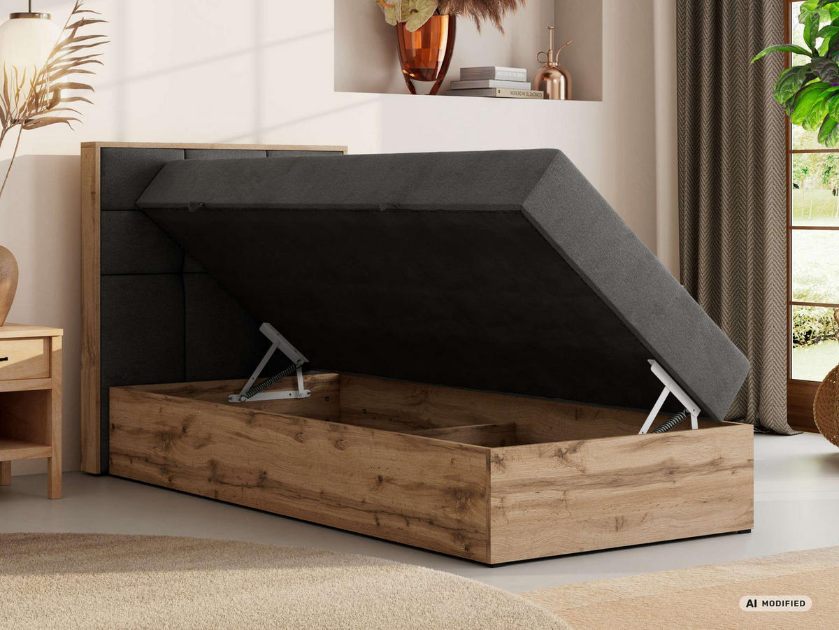 BOXBETT ALBERO 1 90/200 - Dunkelgrau Velvet - Topper Visco - H3 - Links - Dunkelgrau/Schwarz, Kunststoff/Textil (90/200cm) - MKS